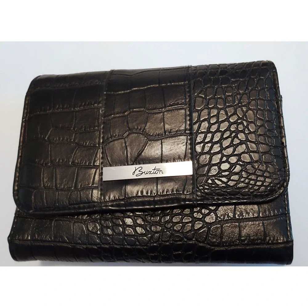 Buxton Black Faux Alligator Croc Trifold Wallet Womens Snap‎ Closure